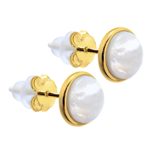 Gold Plated Sterling Silver Mother of Pearl Round Stud Earrings