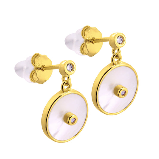 Gold Plated Sterling Silver Mother of Pearl & CZ Round Stud Earrings