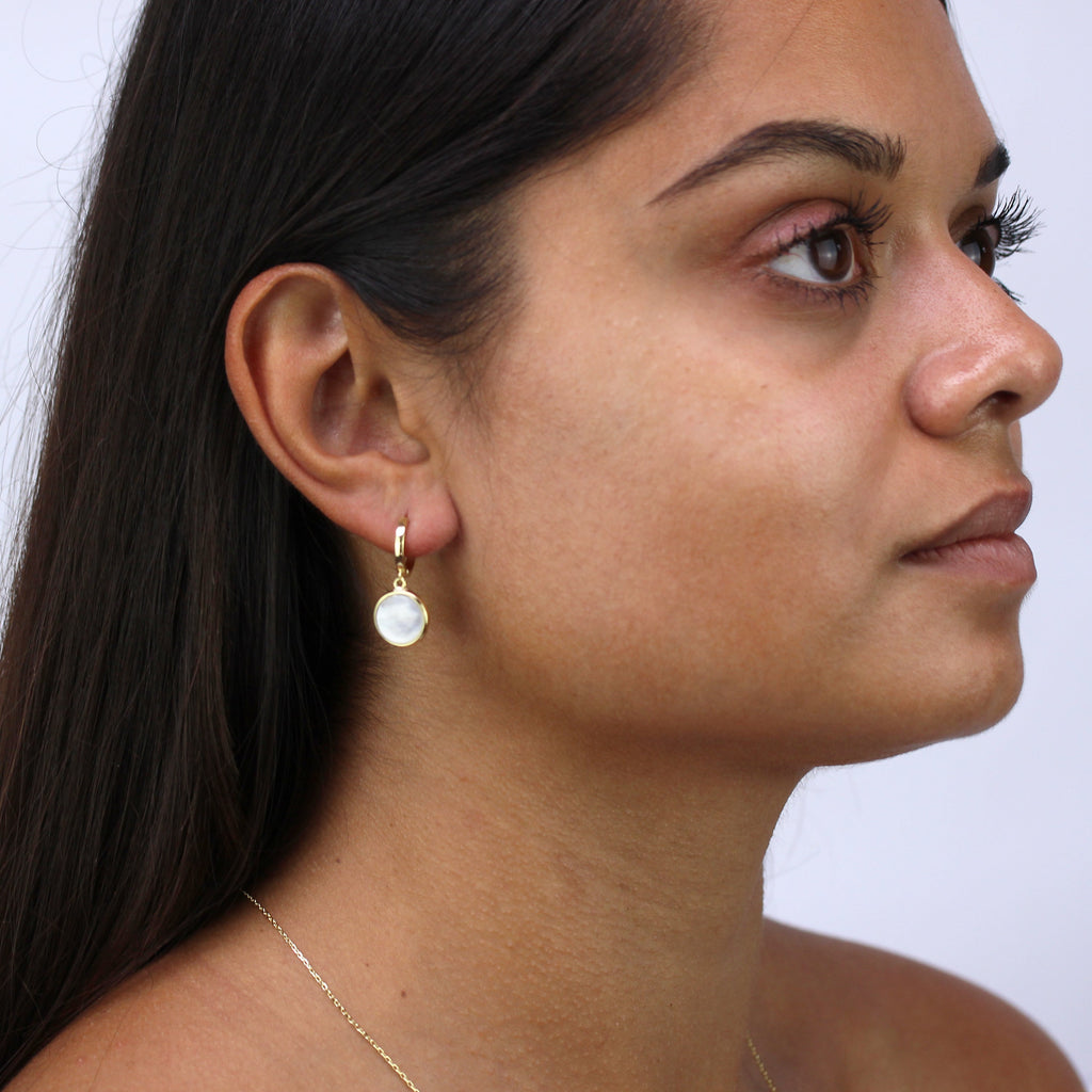 Gold Plated Sterling Silver Round Mother of Pearl Charm Hoops Earrings