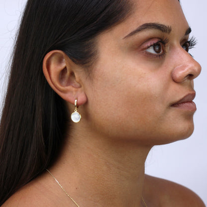Gold Plated Sterling Silver Round Mother of Pearl Charm Hoops Earrings