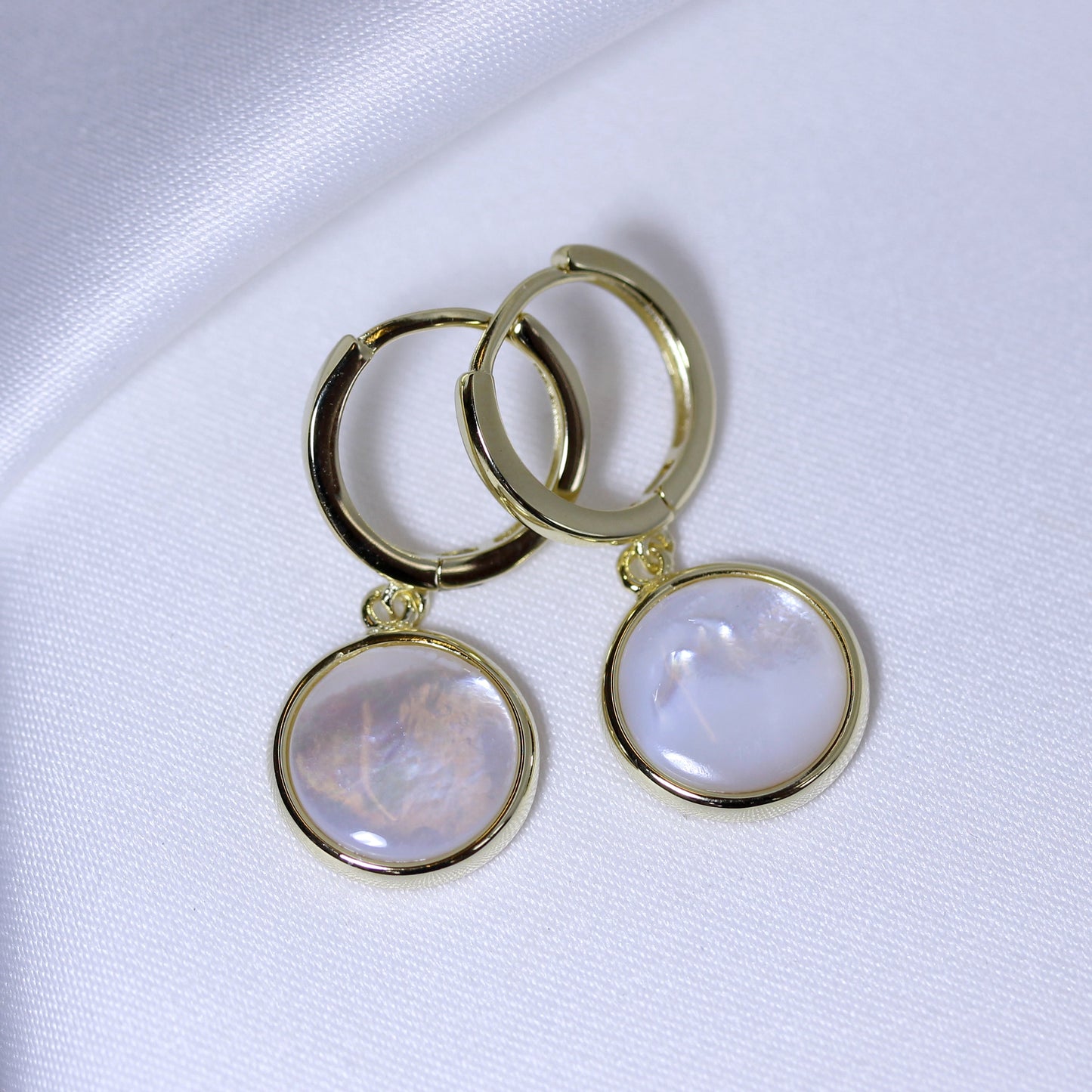 Gold Plated Sterling Silver Round Mother of Pearl Charm Hoops Earrings