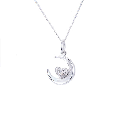 Sterling Silver & CZ Crescent Moon & Heart Necklace 14 - 32 Inches