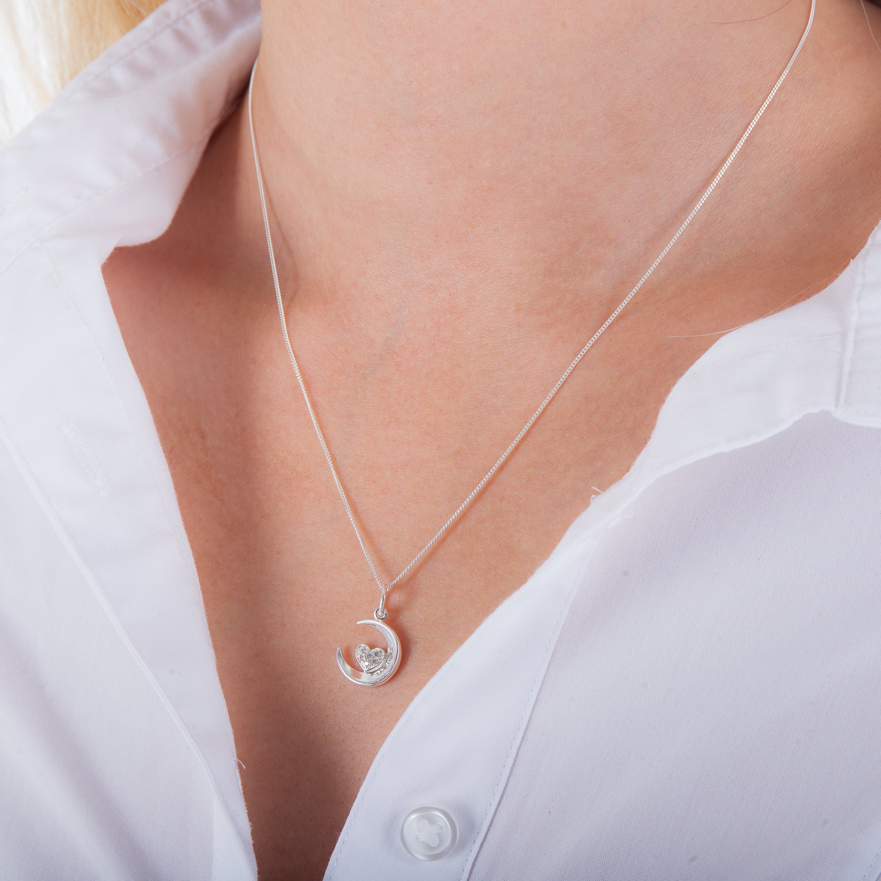 Sterling Silver & CZ Crescent Moon & Heart Necklace 14 - 32 Inches