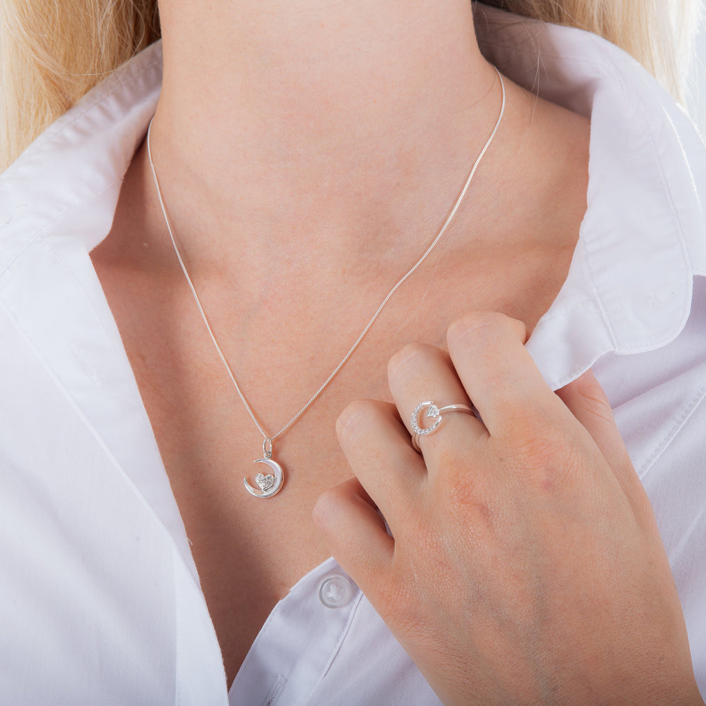 Sterling Silver & CZ Crescent Moon & Heart Necklace 14 - 32 Inches
