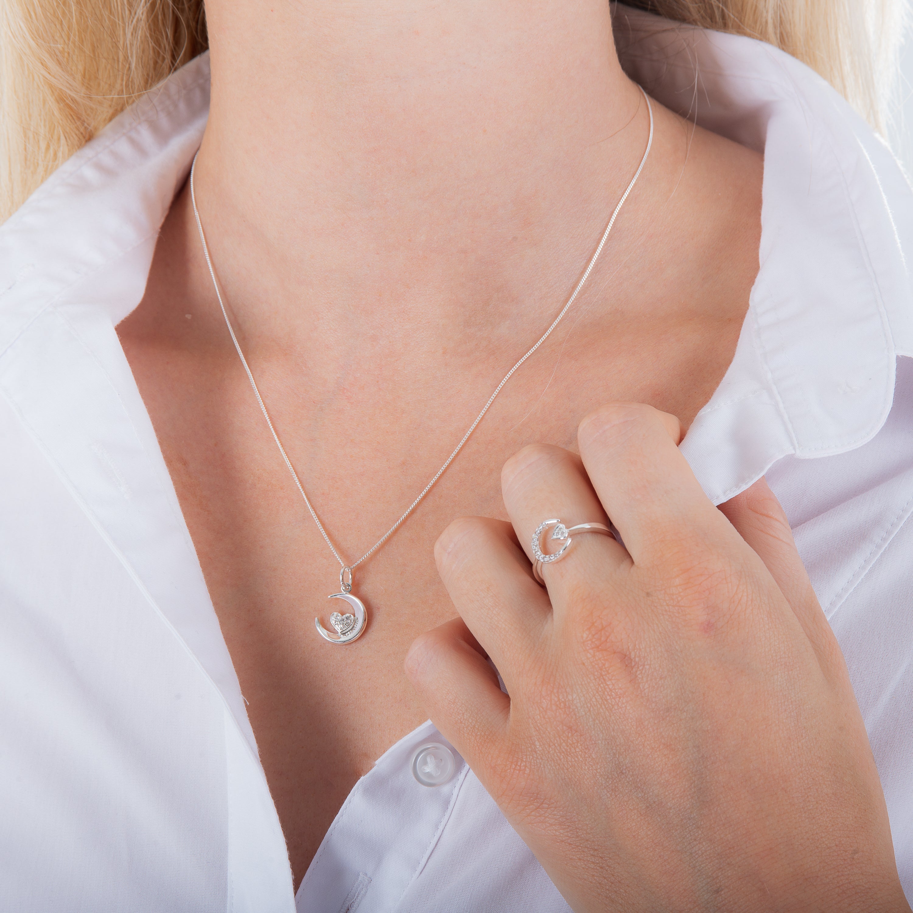 Sterling Silver & CZ Crescent Moon & Heart Necklace 14 - 32 Inches