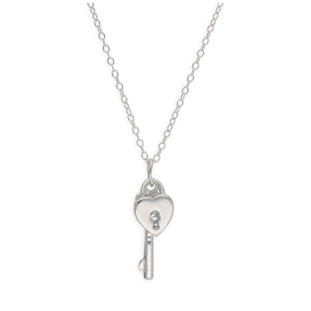 Sterling Silver Heart Padlock Key Necklace 14-22 Inches