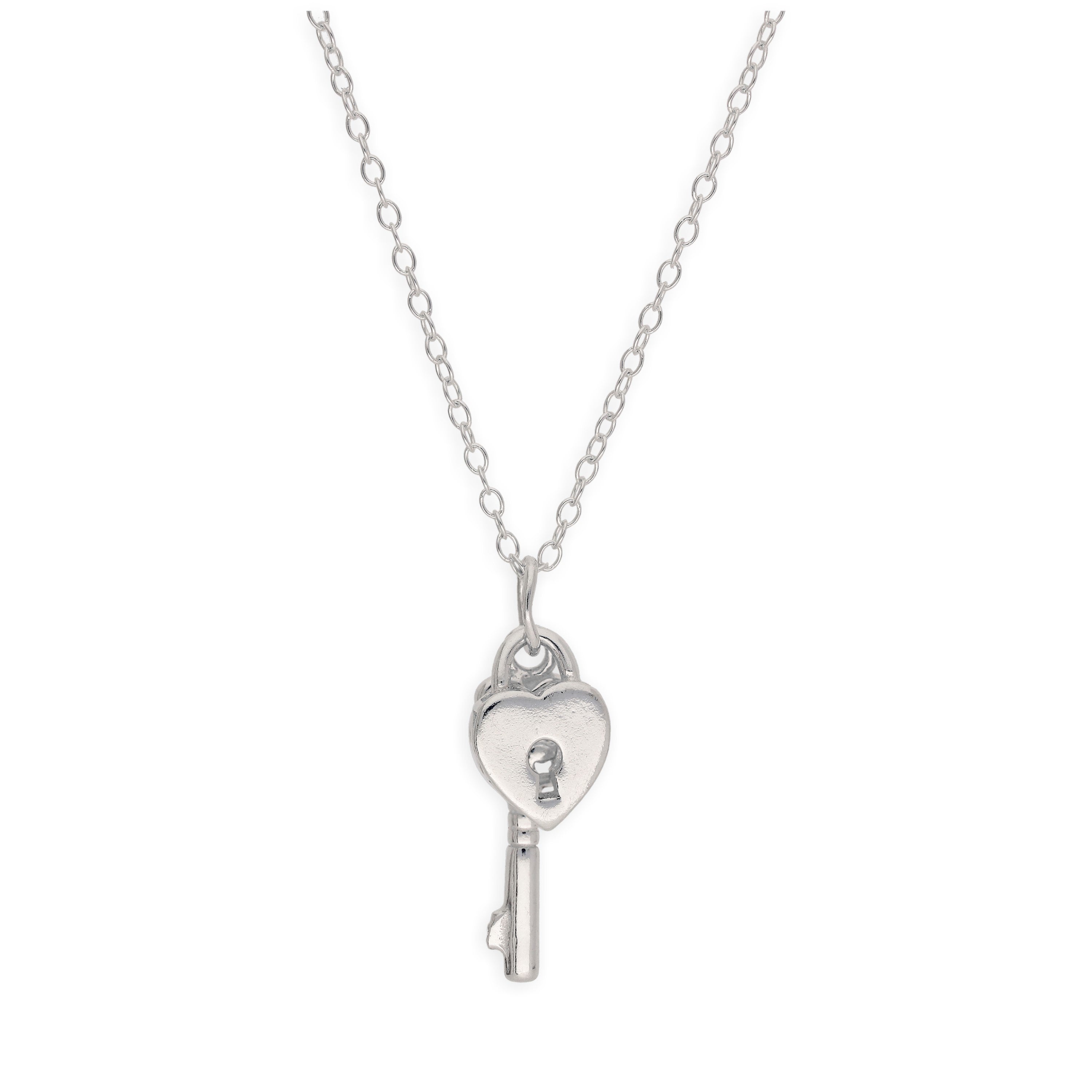 Sterling Silver Heart Padlock Key Necklace 14-22 Inches