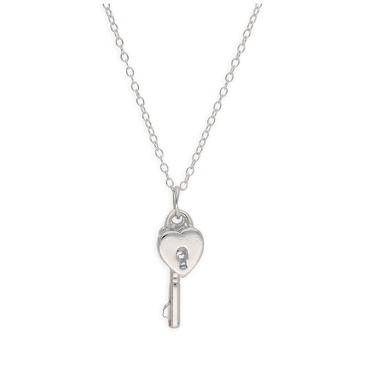 Sterling Silver Heart Padlock Key Necklace 14-22 Inches