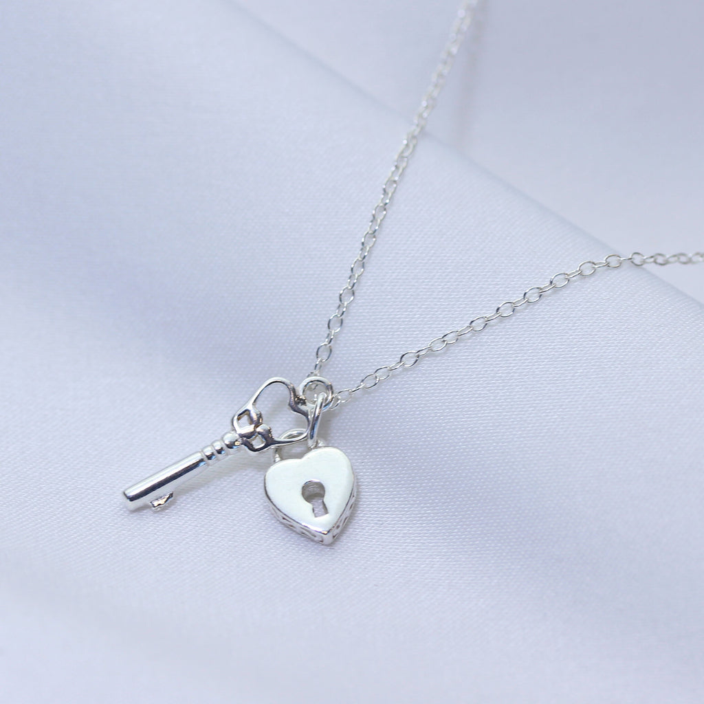 Sterling Silver Heart Padlock Key Necklace 14-22 Inches