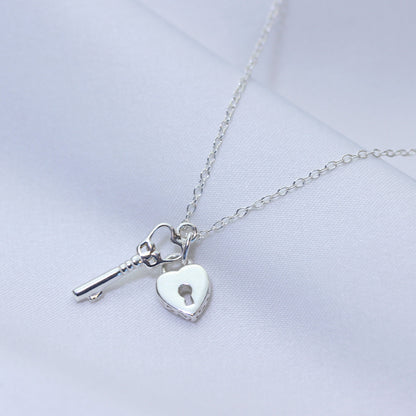 Sterling Silver Heart Padlock Key Necklace 14-22 Inches