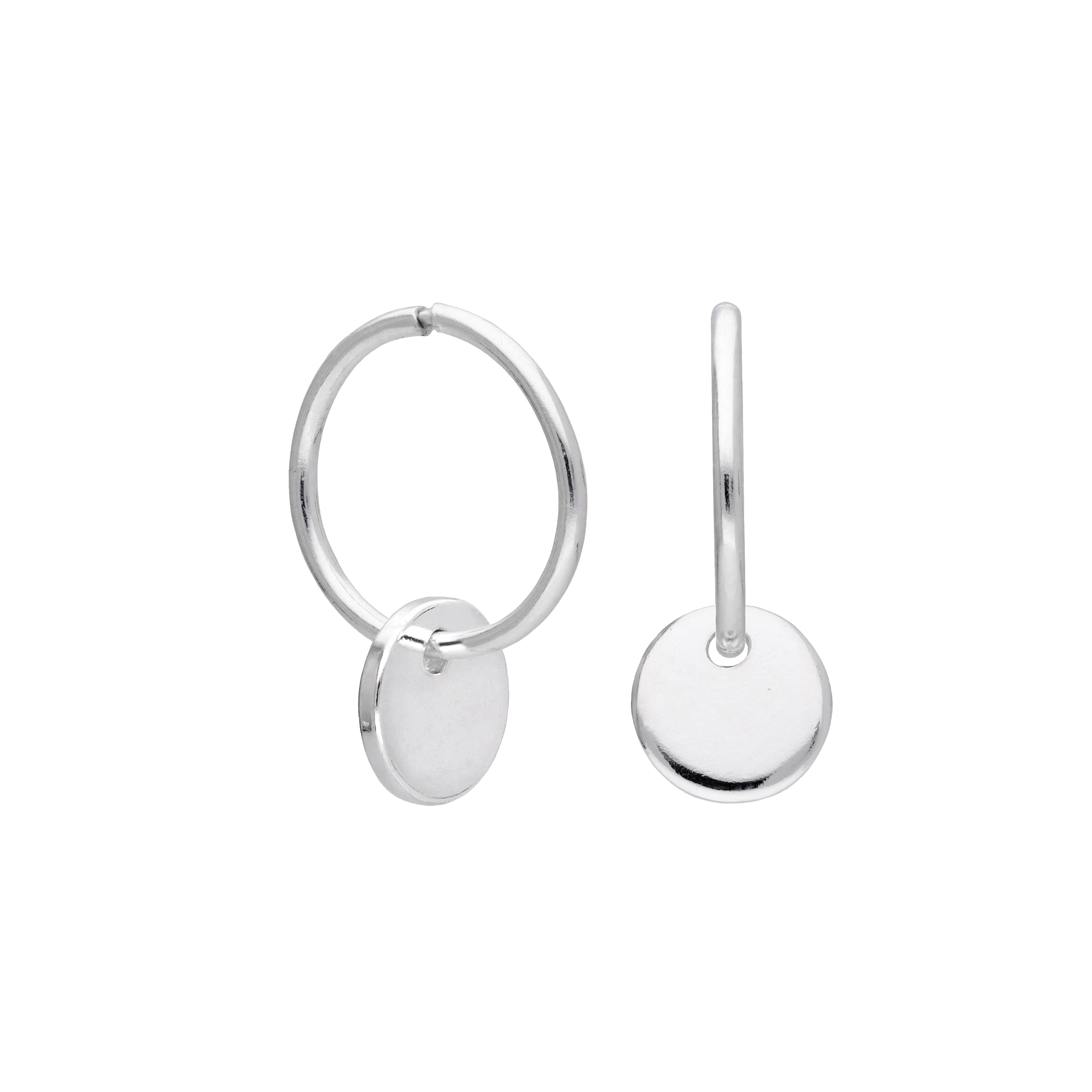 Sterling Silver Round Disc Charm Hoop Earrings 10 - 22mm