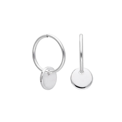 Sterling Silver Round Disc Charm Hoop Earrings 10 - 22mm