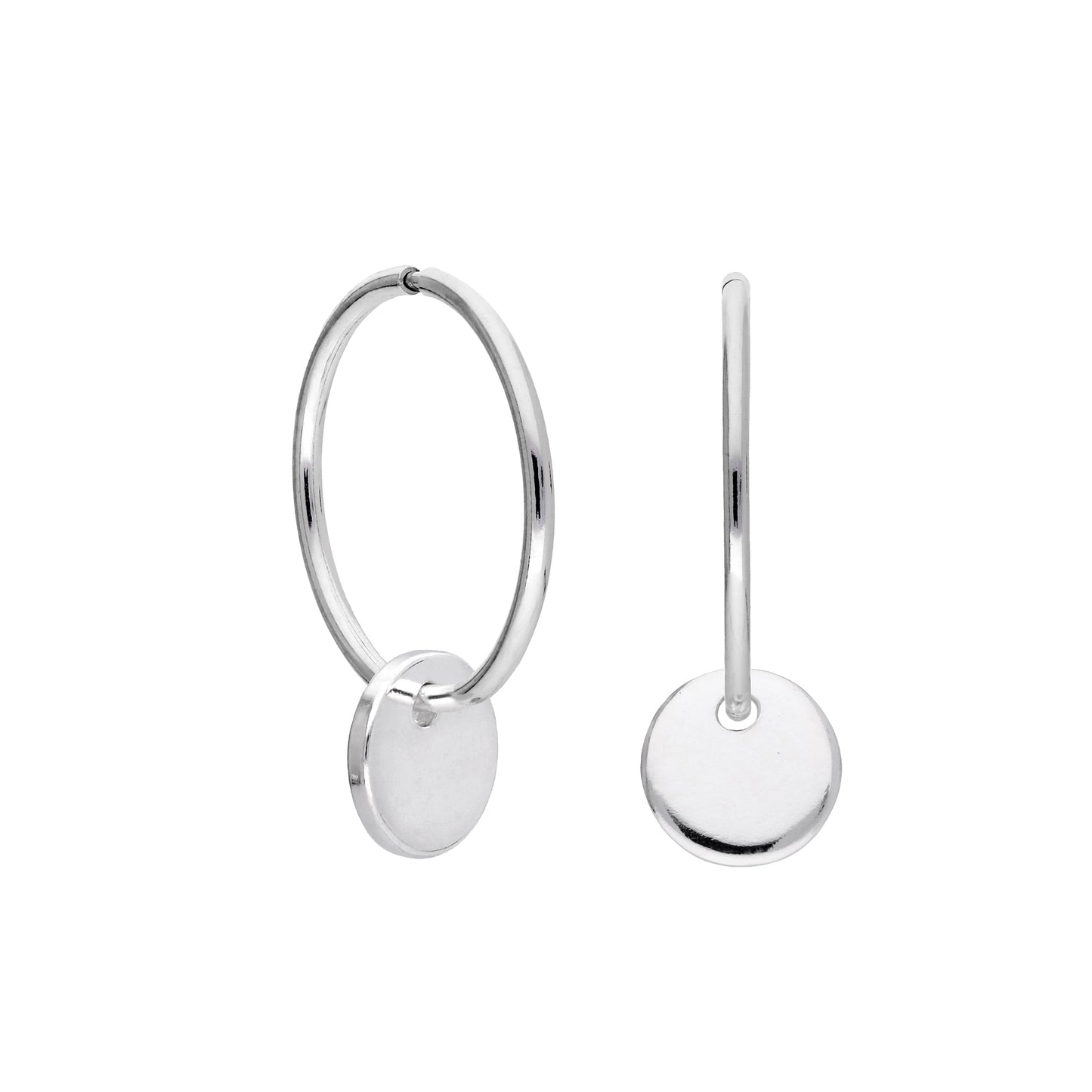 Sterling Silver Round Disc Charm Hoop Earrings 10 - 22mm