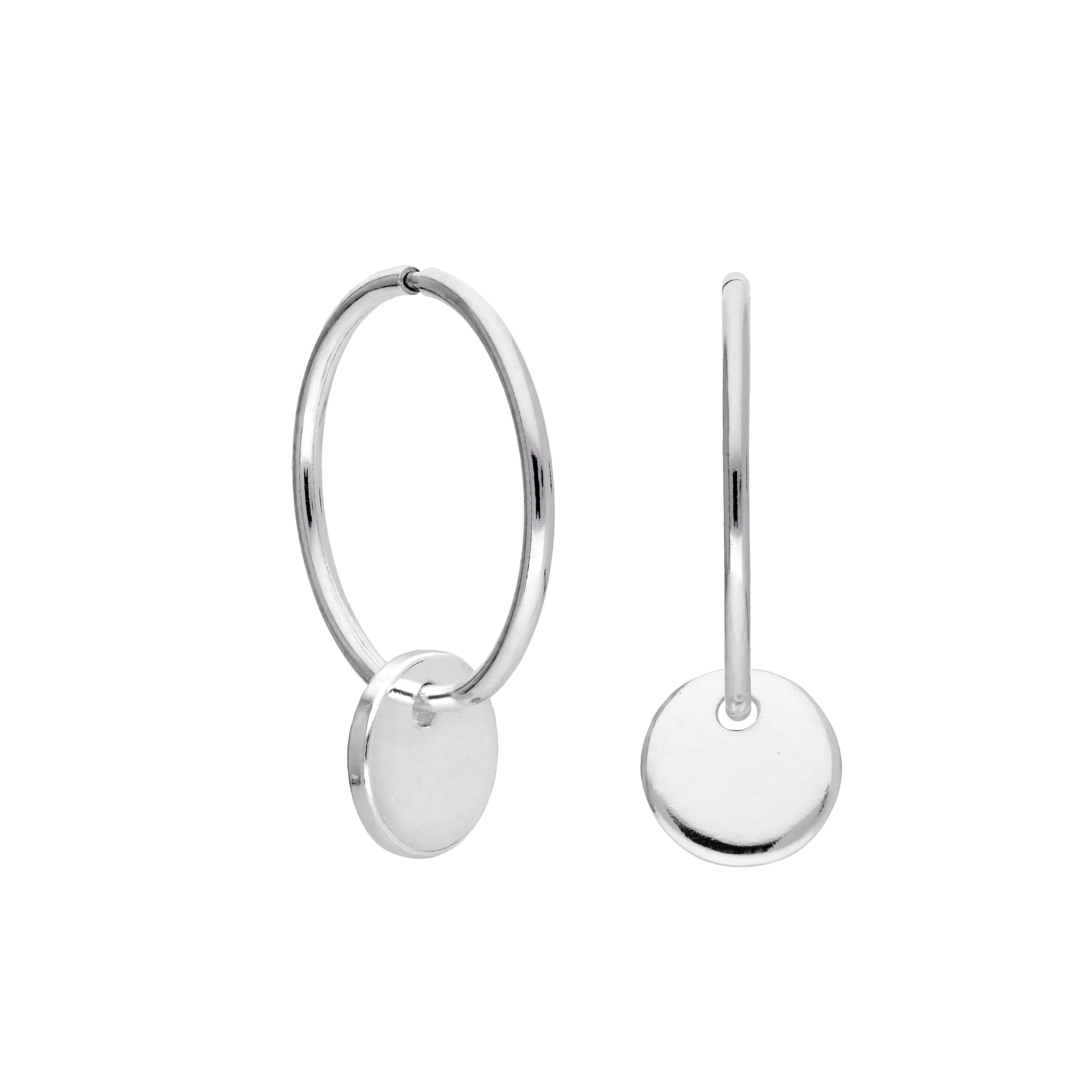 Sterling Silver Round Disc Charm Hoop Earrings 10 - 22mm
