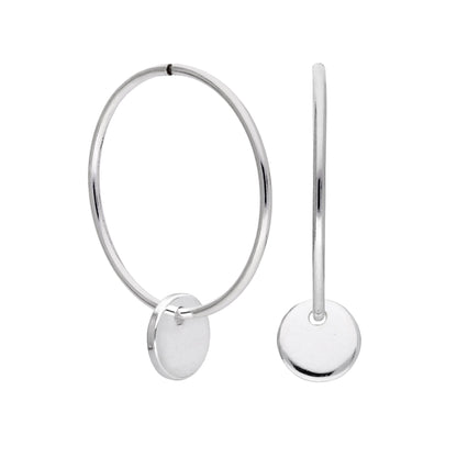Sterling Silver Round Disc Charm Hoop Earrings 10 - 22mm