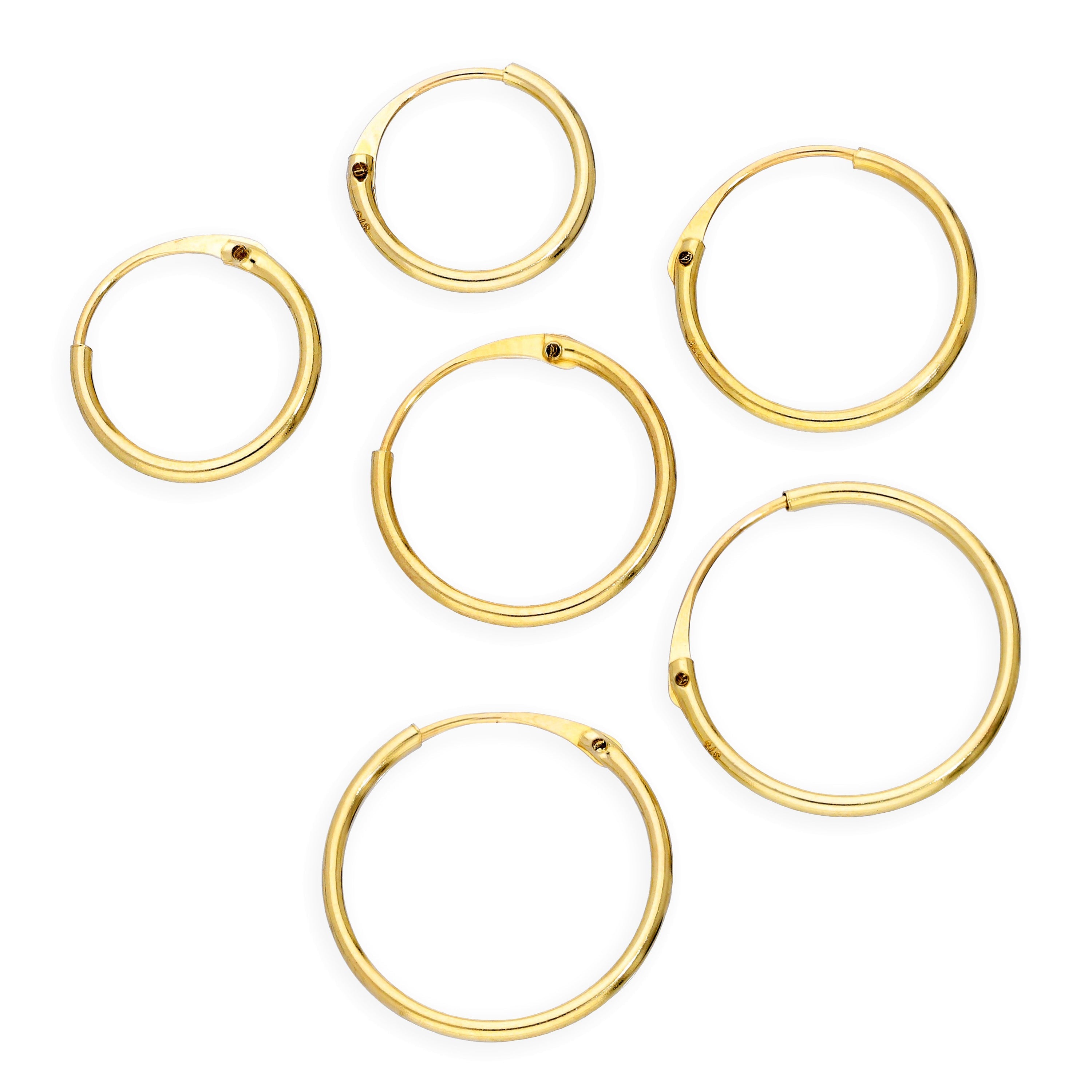 Triple 9ct Gold 0.8mm 8 10 & 12mm Tube Hoop Earrings Set