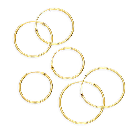 Triple 9ct Gold 0.8mm 12 14 & 16mm Tube Hoop Earrings Set