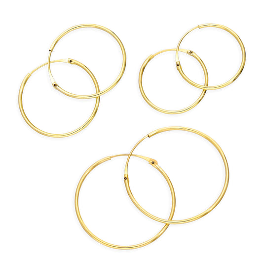 Triple 9ct Gold 0.8mm 14 16 & 20mm Tube Hoop Earrings Set