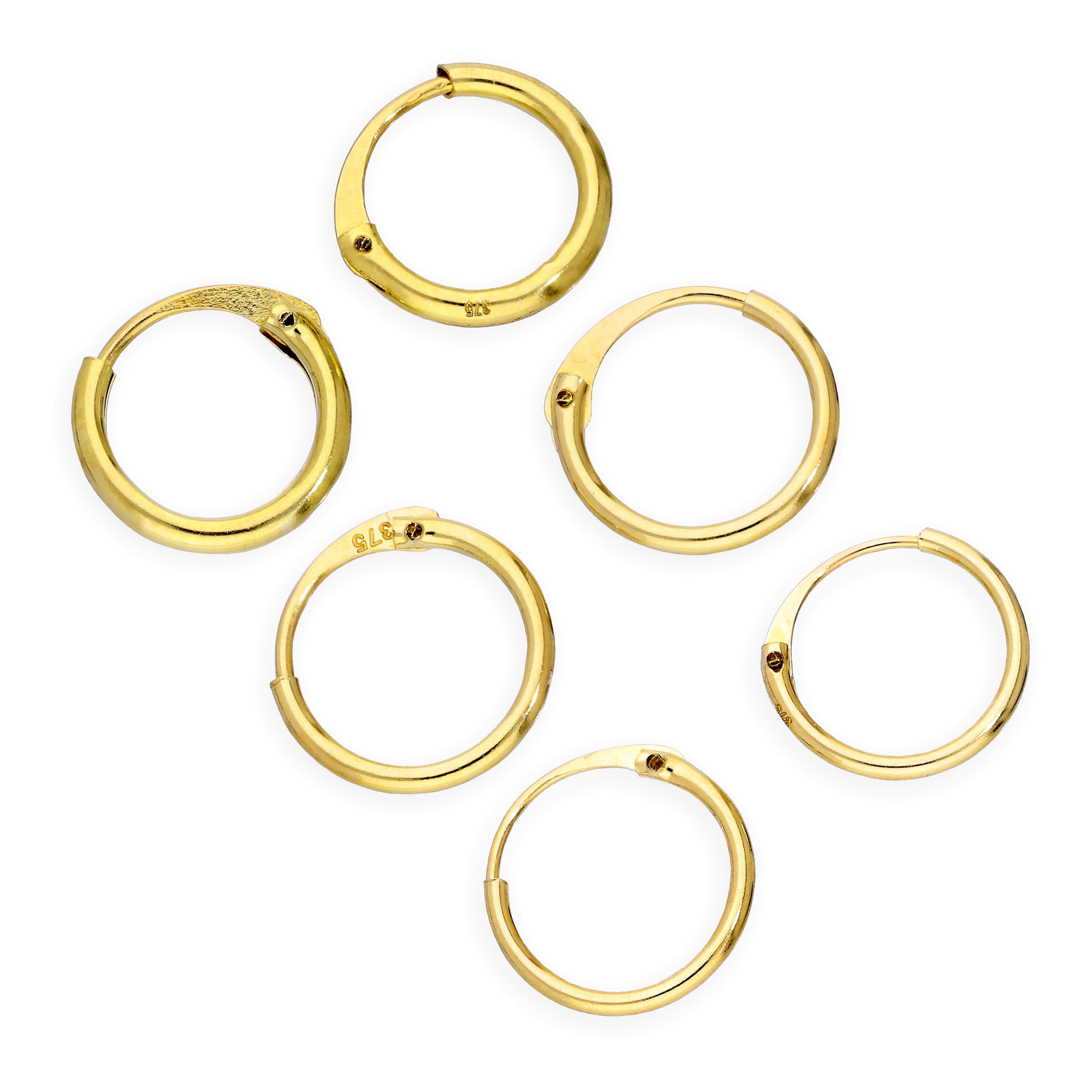 Triple 9ct Gold 0.8mm 1mm & 1.2mm Tube Hoop 8mm Earrings Set