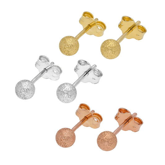 Mixed Gold Plated Sterling Silver Frosted 4mm Ball Stud Earrings - 3 Pack