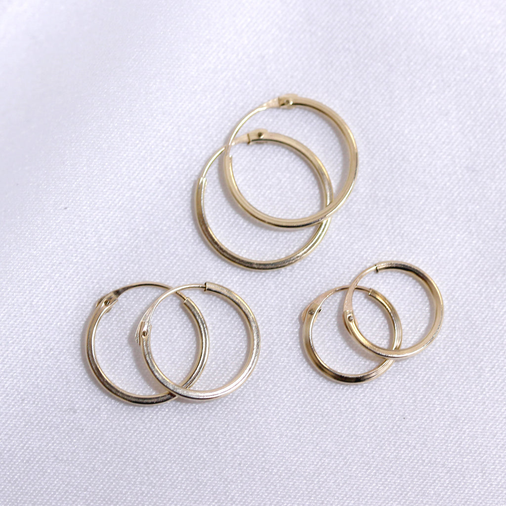 Triple 9ct Gold 1mm Square 12 14 16mm Sleeper Hoop Earrings Set