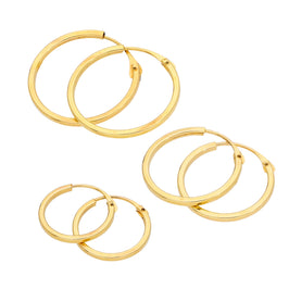Triple 9ct Gold 1mm Square 12 14 16mm Sleeper Hoop Earrings Set
