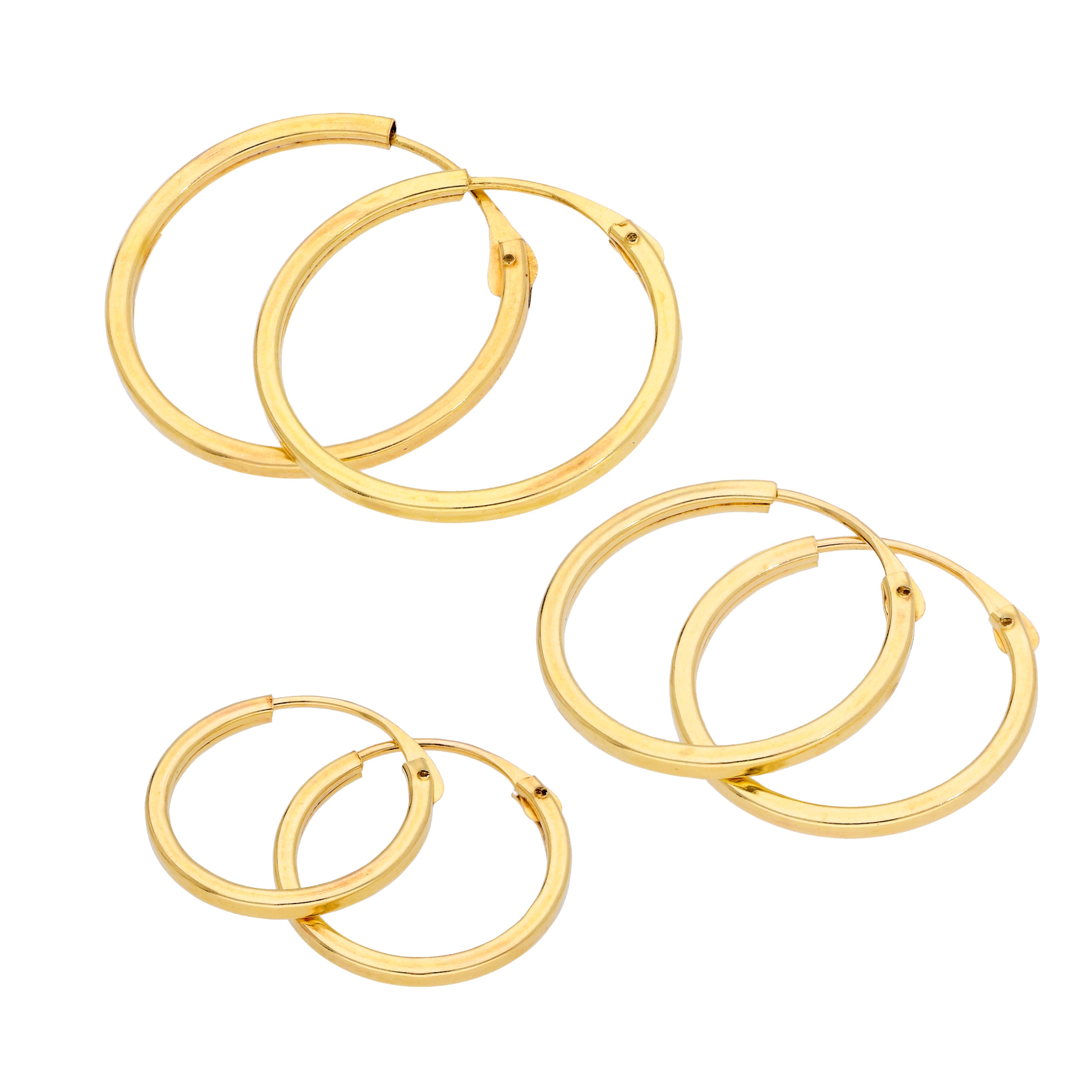 Triple 9ct Gold 1mm Square 12 14 16mm Sleeper Hoop Earrings Set