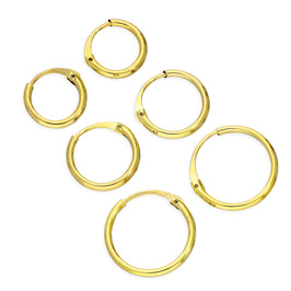 Triple 9ct Gold 1.2mm Tube Sleeper 8 10 12mm Hoop Earrings Set