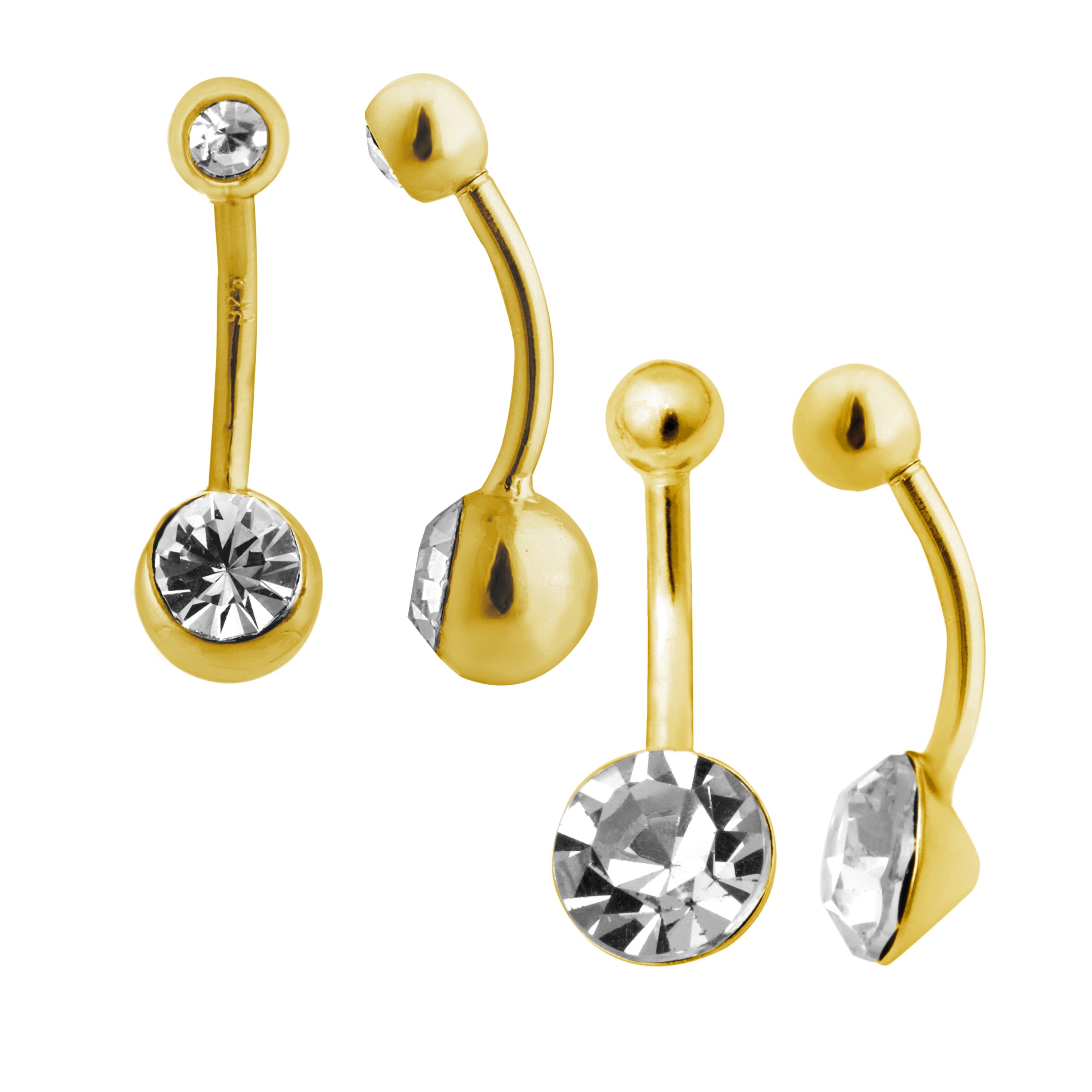Gold Plated Sterling Silver & CZ Belly Bar Piercing - 2 Pack