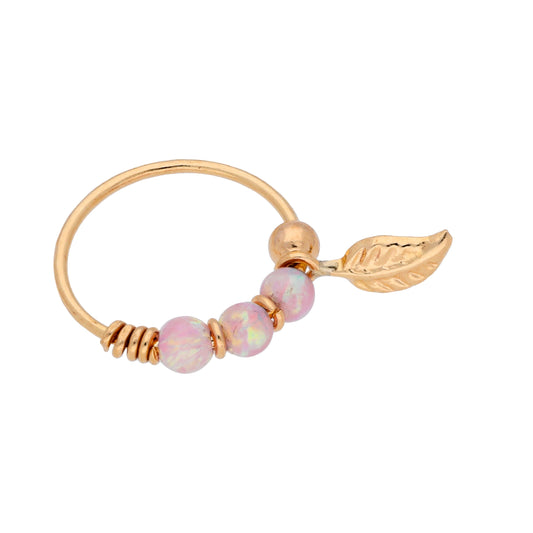 9ct Gold Pink Opal Stones & Leaf 10mm Nose Ring