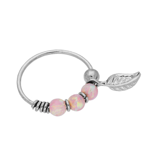 9ct White Gold Pink Opal Stones & Leaf 10mm Nose Ring