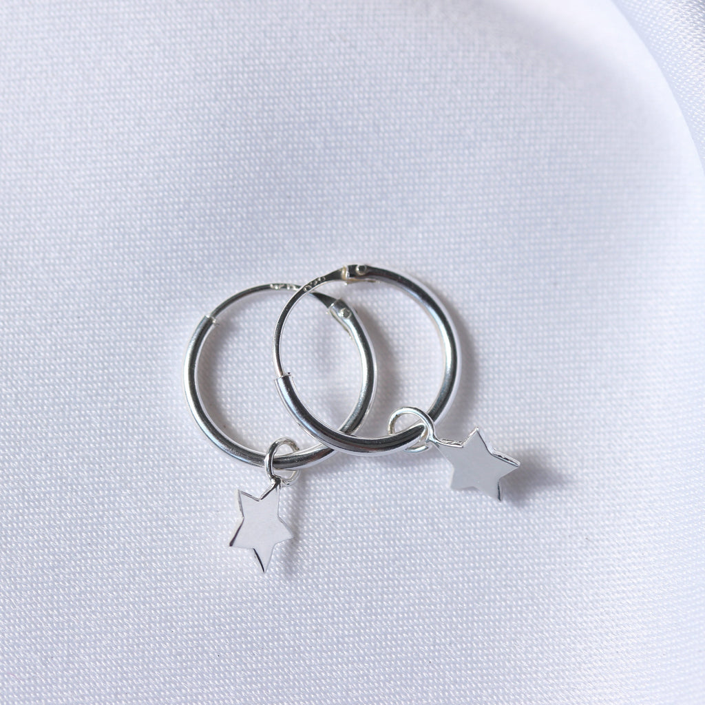 Small Sterling Silver Hinged Star Charm 12mm Hoop Earrings