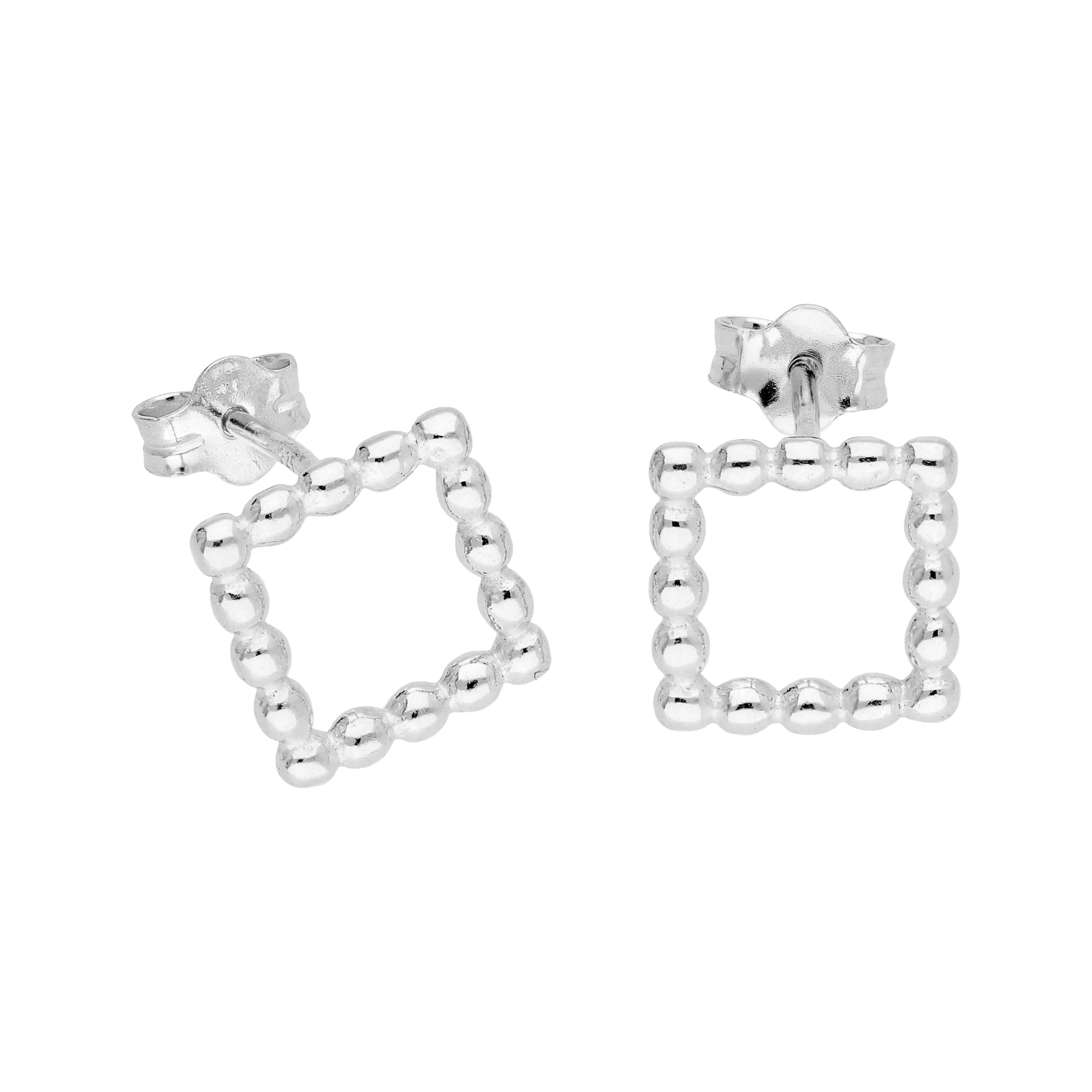 Sterling Silver Bobble Beaded Open Square Stud Earrings