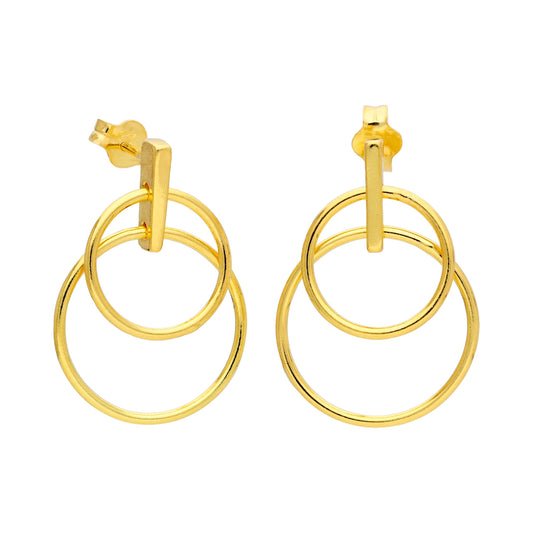 Gold Plated Sterling Silver Double Circle Stud Drop Earrings