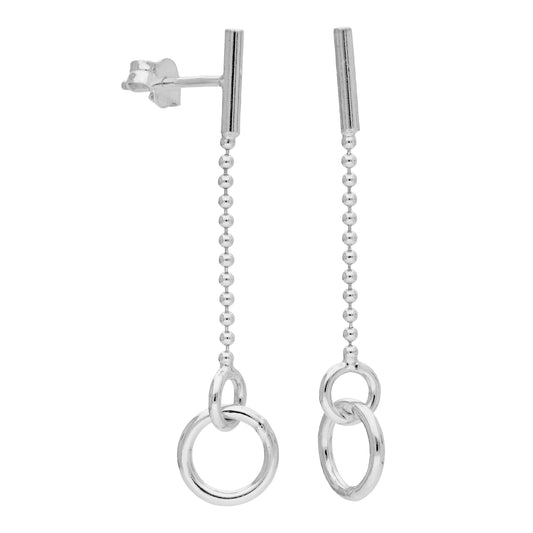 Sterling Silver Circle Bar Beaded Chain Stud Drop Earrings