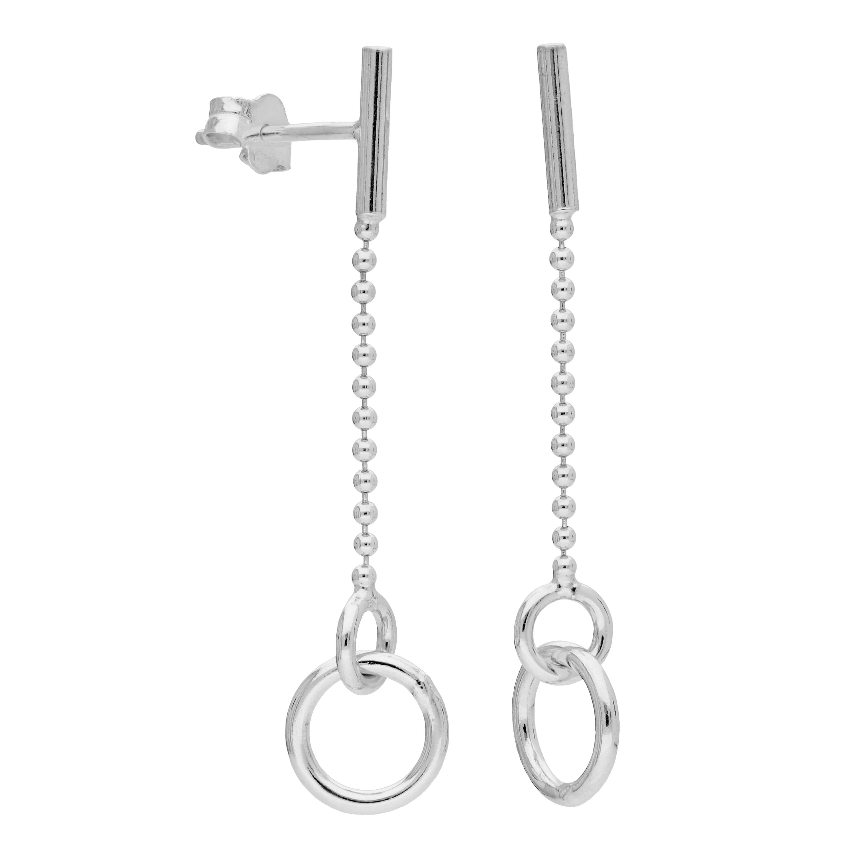 Sterling Silver Circle Bar Beaded Chain Stud Drop Earrings