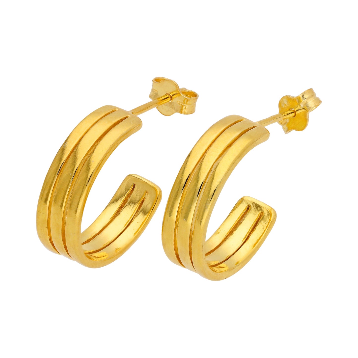 Gold Plated Sterling Silver Triple Line 16mm Stud Earrings