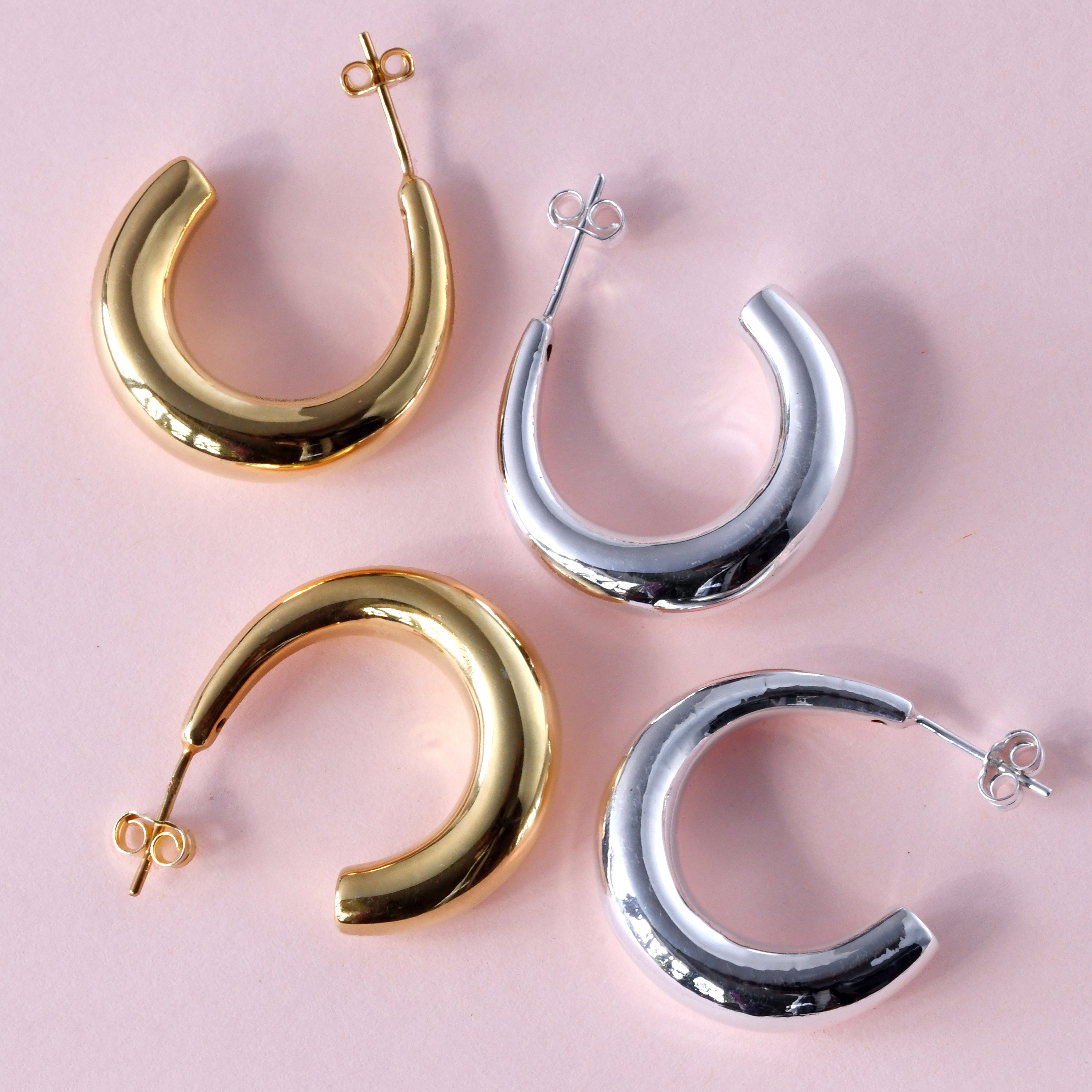 Gold Plated Sterling Silver Chunky Open Hoop Stud Earrings