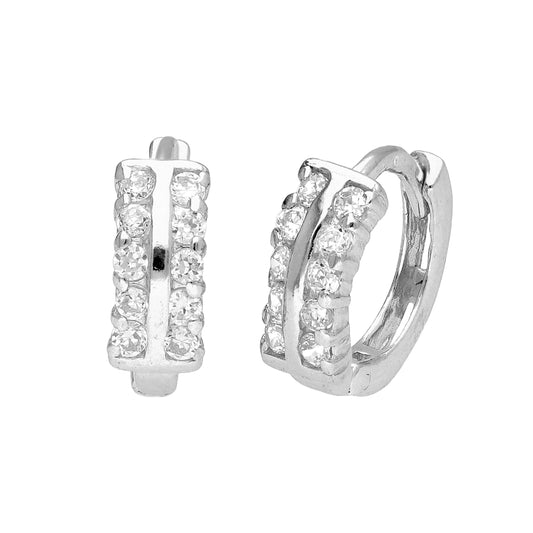 Sterling Silver CZ Double Claw 12mm Hinged Huggie Earrings