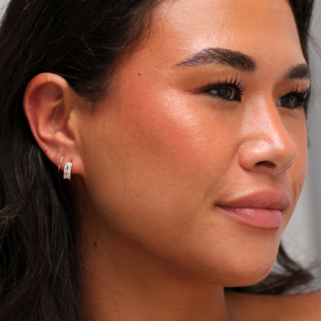 Rose Gold Plated Sterling Silver Double CZ Hinged Earrings