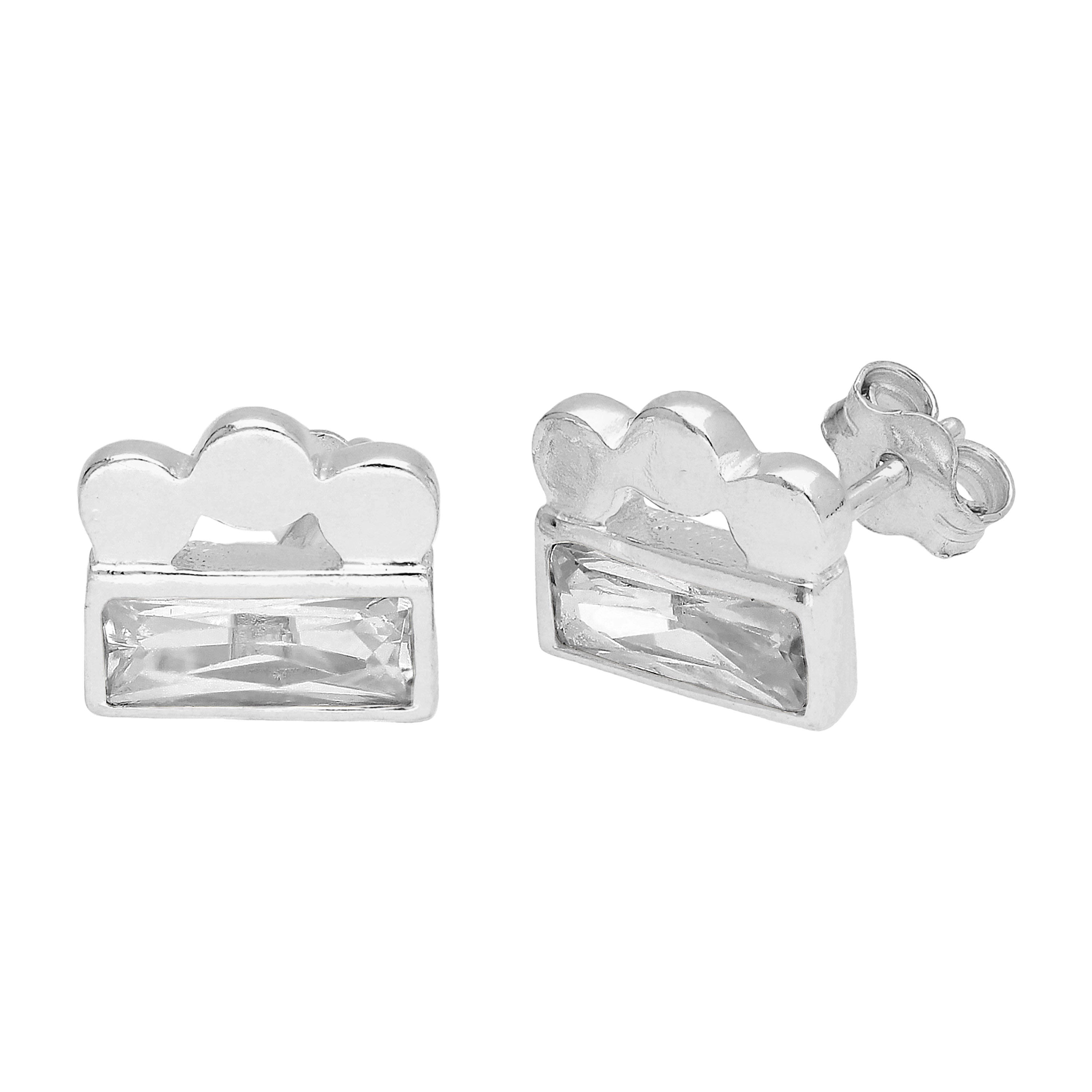 Sterling Silver Triple Bobble Bead Baguette CZ Stud Earrings