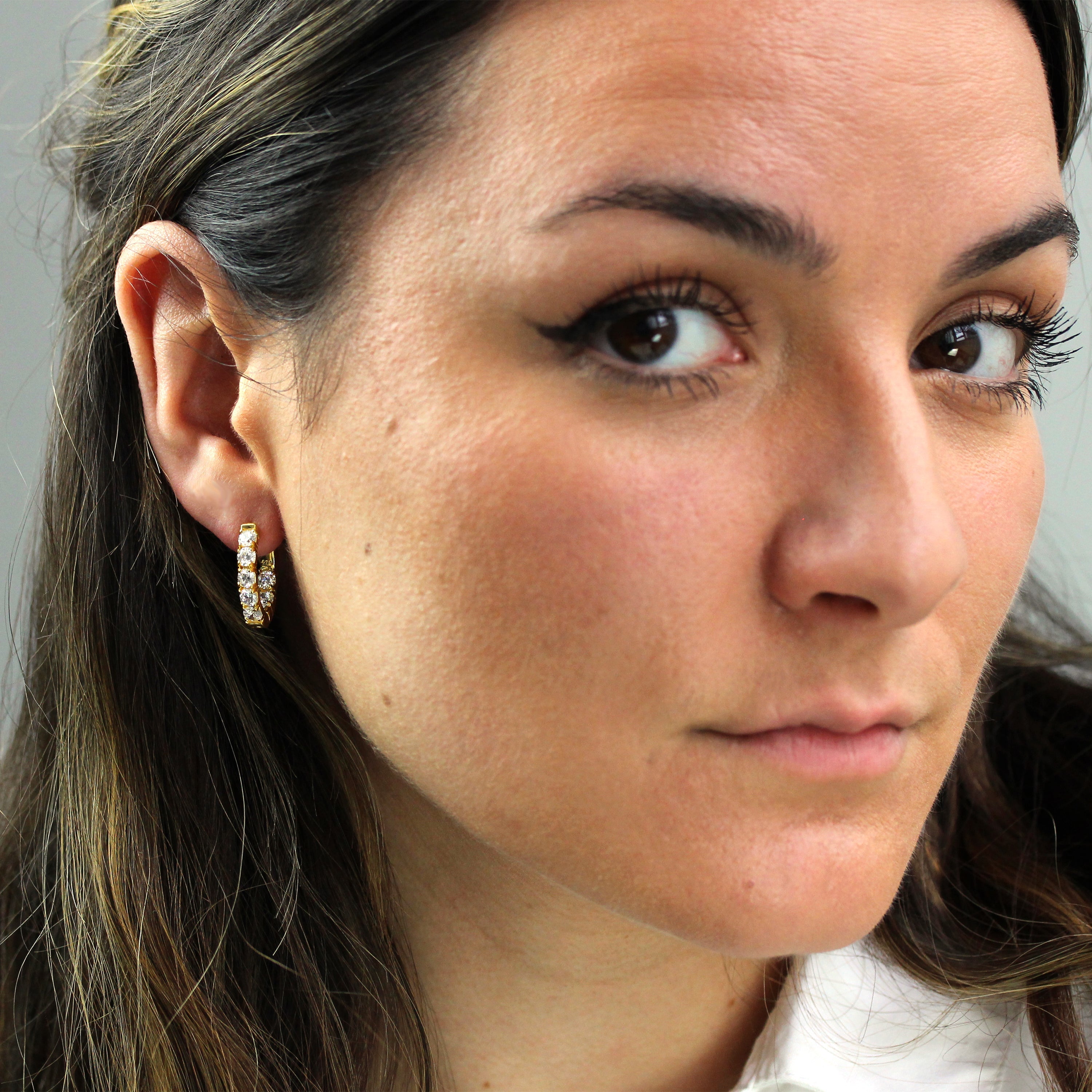 Gold Plated Sterling Silver CZ Eternity 18mm Huggie Hoop Earrings