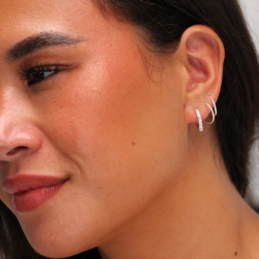 Sterling Silver CZ Bar Set Huggie 15mm Hoop Earrings