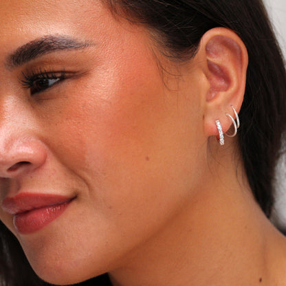 Sterling Silver CZ Bar Set Huggie 15mm Hoop Earrings