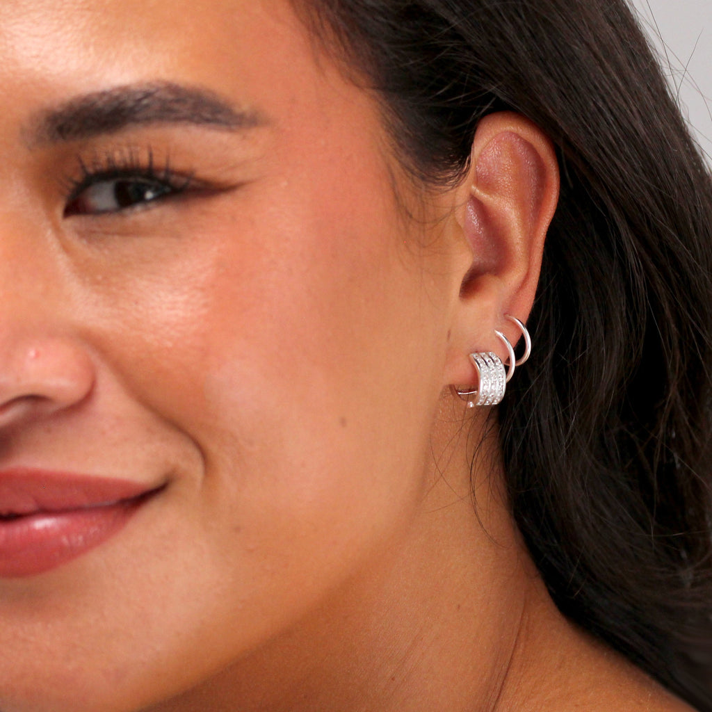 Sterling Silver CZ Triple Channel Set Huggie Hoop Earrings