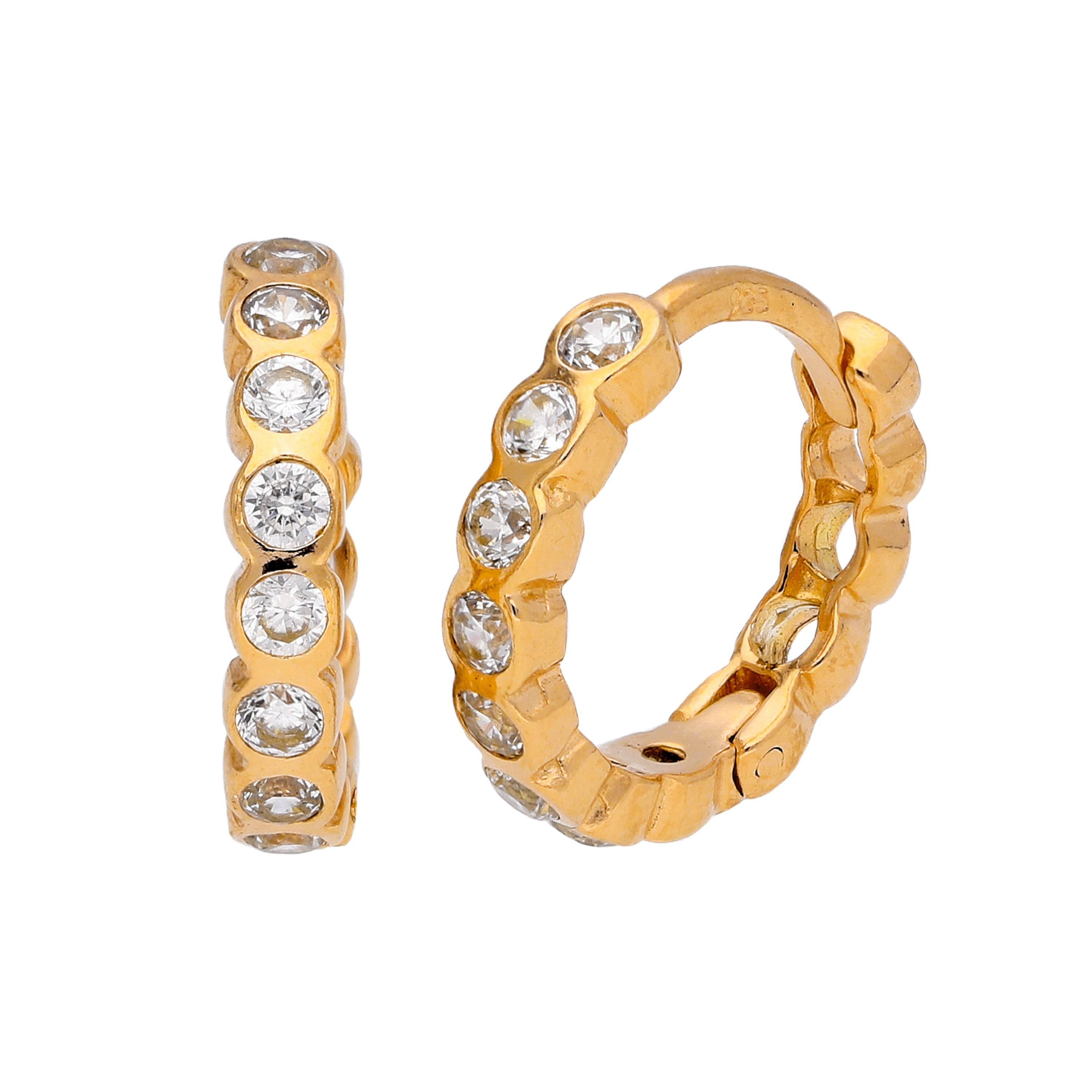 Gold Plated Sterling Silver CZ Rubover Huggie Hoop Earrings