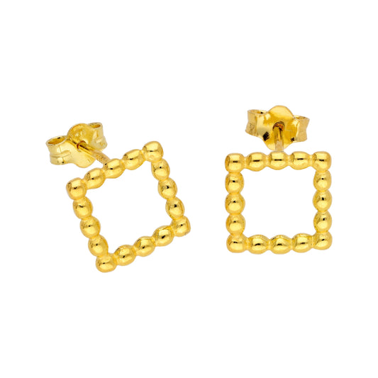 Gold Plated Sterling Silver Open Beaded Square Stud Earrings