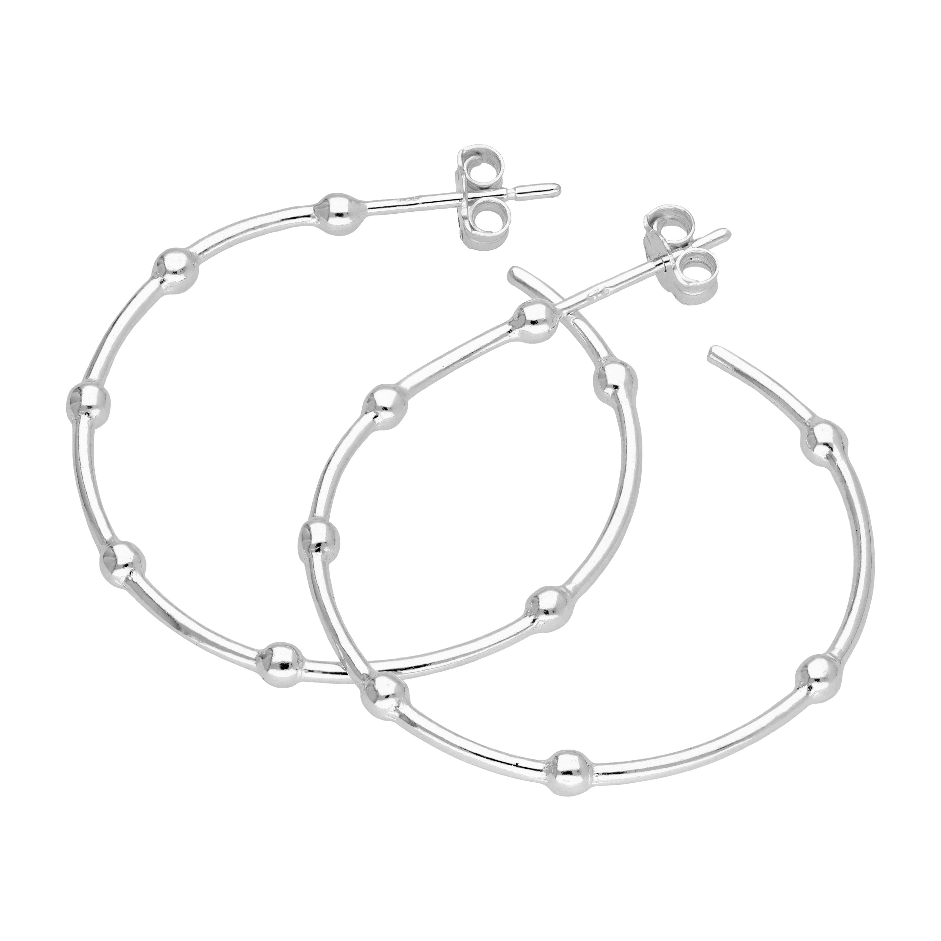 Sterling Silver Bobble Beaded Open 30mm Hoop Stud Earrings