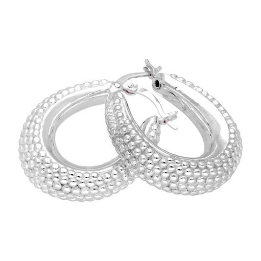 Sterling Silver Hollow Beaded Chunky Oval Hoop Earrings