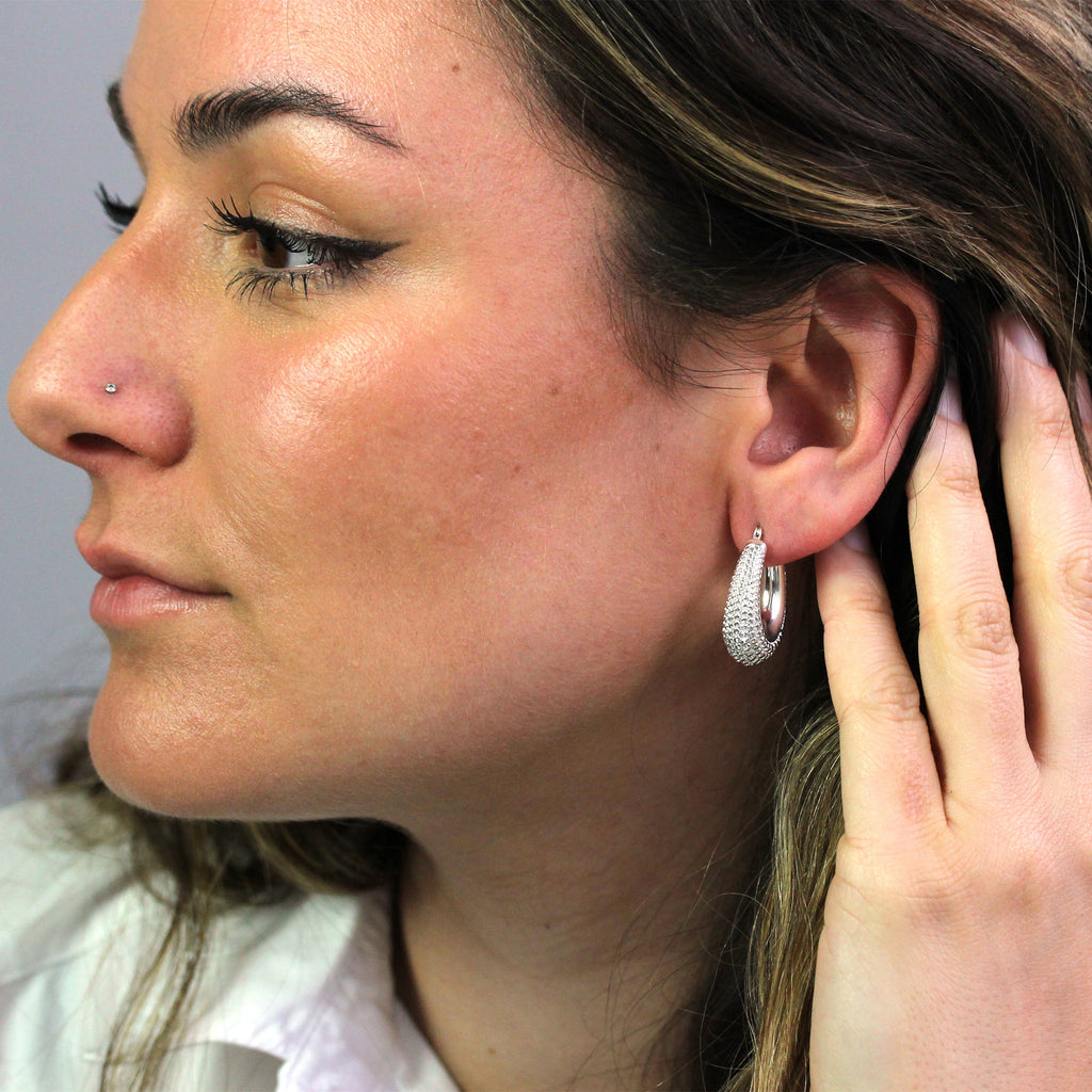 Sterling Silver Hollow Beaded Chunky Oval Hoop Earrings